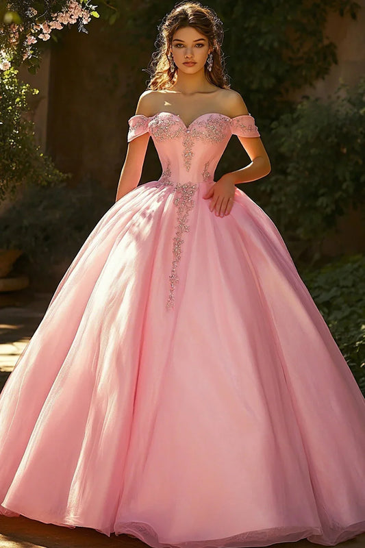 Blush Pink Off-the-Shoulder Ball Gown Prom Dress with Lace Appliques and Princess Tulle Skirt