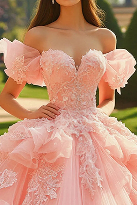 Blush Pink Off-the-Shoulder Ball Gown Prom Dress with 3D Floral Appliques and Layered Tulle Skirt
