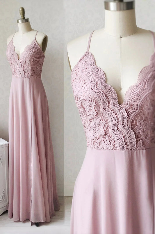 Pink Chiffon Lace Long A-Line Prom Dress Pink V-Neck Evening Dress simple gentle atmospheric and unique desi Bring summer colors to enhance whitenes by YiHuiw