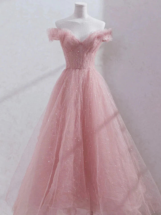 Pink Off Shoulder Tulle Tea Length Prom Dress Pink Tulle Wedding Party Dresses simple gentle atmospheric and unique desi Bring summer colors to enhance whiteness by YiHuiw