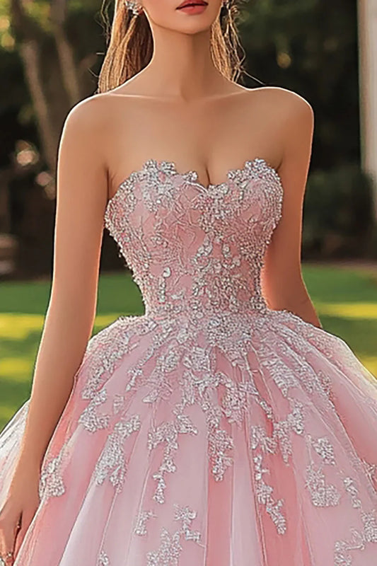 Blush Pink Glitter Ball Gown Prom Dress with Sweetheart Corset Bodice and Lace Appliques