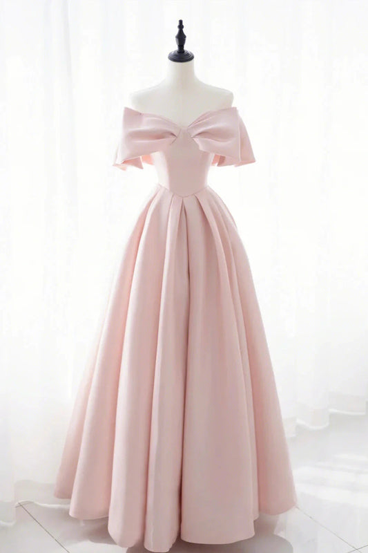Pink Satin Long Prom Dress Cute Off Shoulder Evening Dress simple gentle atmospheric and unique desi Bring summer colors to enhance white by YiHuiw