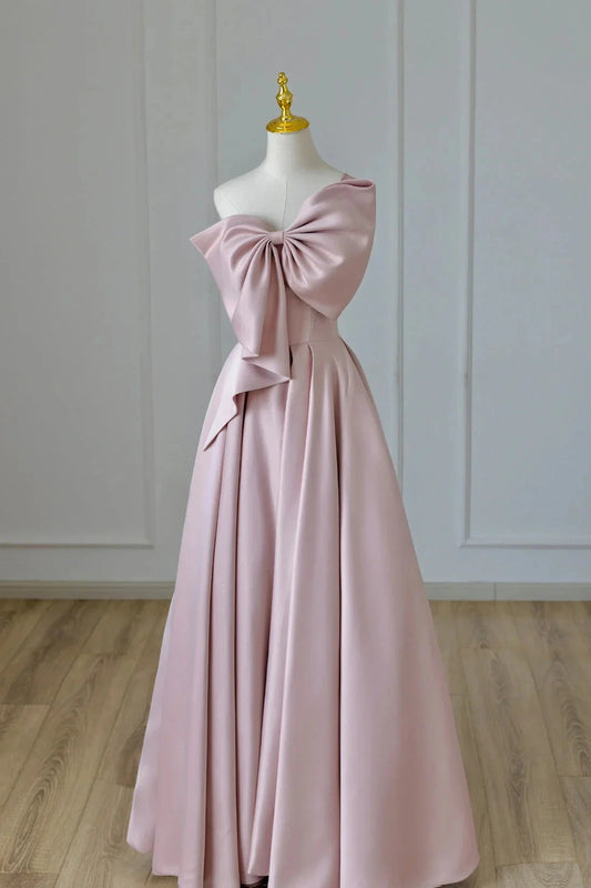 Pink Satin Long Prom Dress with Bow One Shoulder Formal Evening Dress simple gentle atmospheric and unique desi Bring summer colors to enhance white by YiHuiw