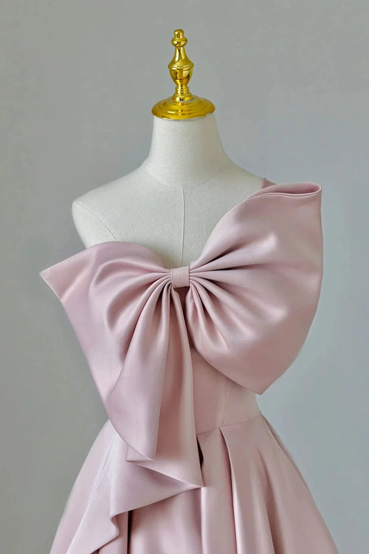 Pink Satin Long Prom Dress with Bow One Shoulder Formal Evening Dress simple gentle atmospheric and unique desi Bring summer colors to enhance white by YiHuiw