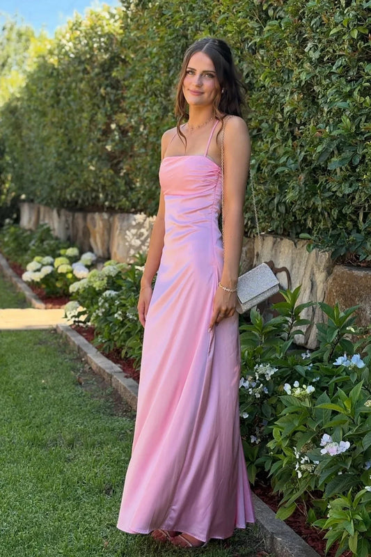 Pink Satin Ruched Spaghetti Strap Prom Dresses Slim Maxi Formal Evening Gown by JiMiss Dresses