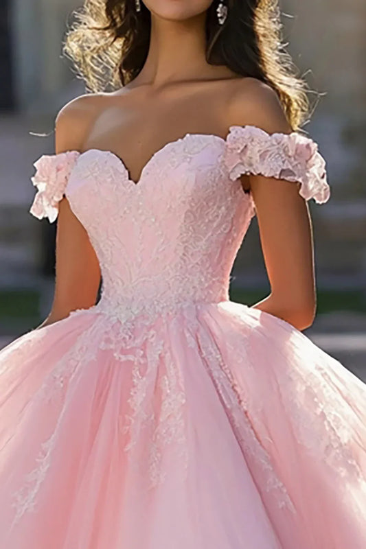 Blush Pink Off-the-Shoulder Ball Gown Prom Dress with Sweetheart Neckline and Tulle Skirt