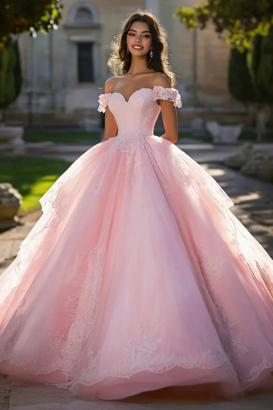 Blush Pink Off-the-Shoulder Ball Gown Prom Dress with Sweetheart Neckline and Tulle Skirt