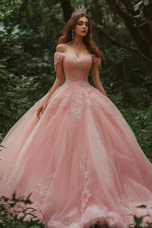 Blush Pink Off-the-Shoulder Ball Gown Prom Dress with Lace Appliques and Tulle Skirt