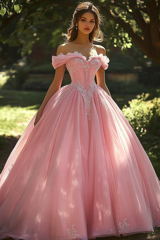 Blush Pink Off-the-Shoulder Ball Gown Prom Dress with Beaded Corset Bodice and Glitter Tulle Skirt