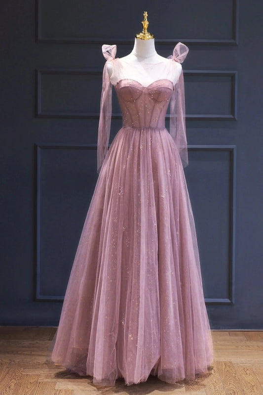 Pink Tulle Long A-Line Prom Dress Pink Evening Dress with Corset simple gentle atmospheric and unique desi Bring summer colors to enhance white by YiHuiw