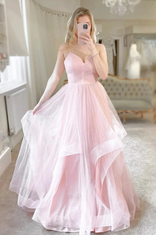 Pink Tulle Long A-Line Prom Dress Pink V-Neck Graduation Dress simple gentle atmospheric and unique desi Bring summer colors to enhance whitenes by YiHuiw