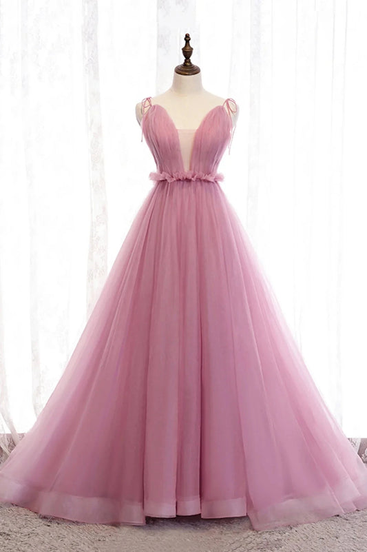 Pink V-Neck Tulle Long Prom Dress A-Line Formal Evening Dress simple gentle atmospheric and unique desi Bring summer colors to enhance whitenes by YiHuiw