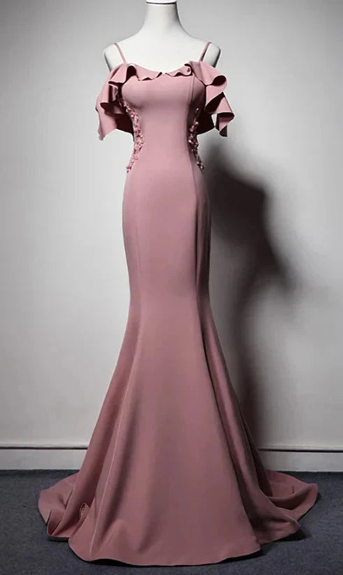 Pink fishtail dress with suspender and ruffle edge decoration suitable for dinners, dances and other occasions by YiHuiw