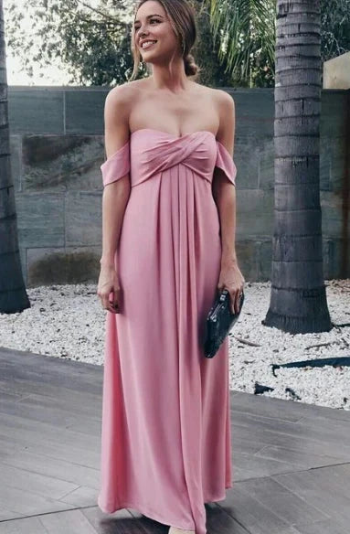Pink off shoulder long dress with off shoulder design and twisted elements on the upper body, suitable for weddings, dinners, etc by YiHuiw