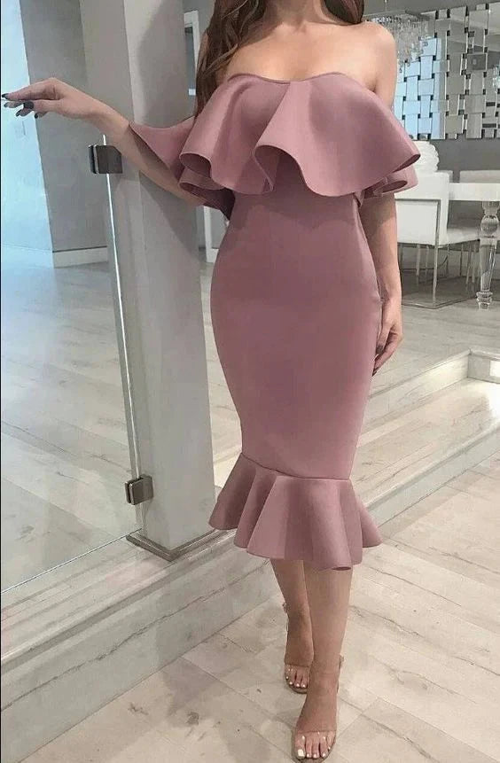 Pink purple dress with one shoulder lotus leaf edge design suitable for parties, dates, et by YiHuiw