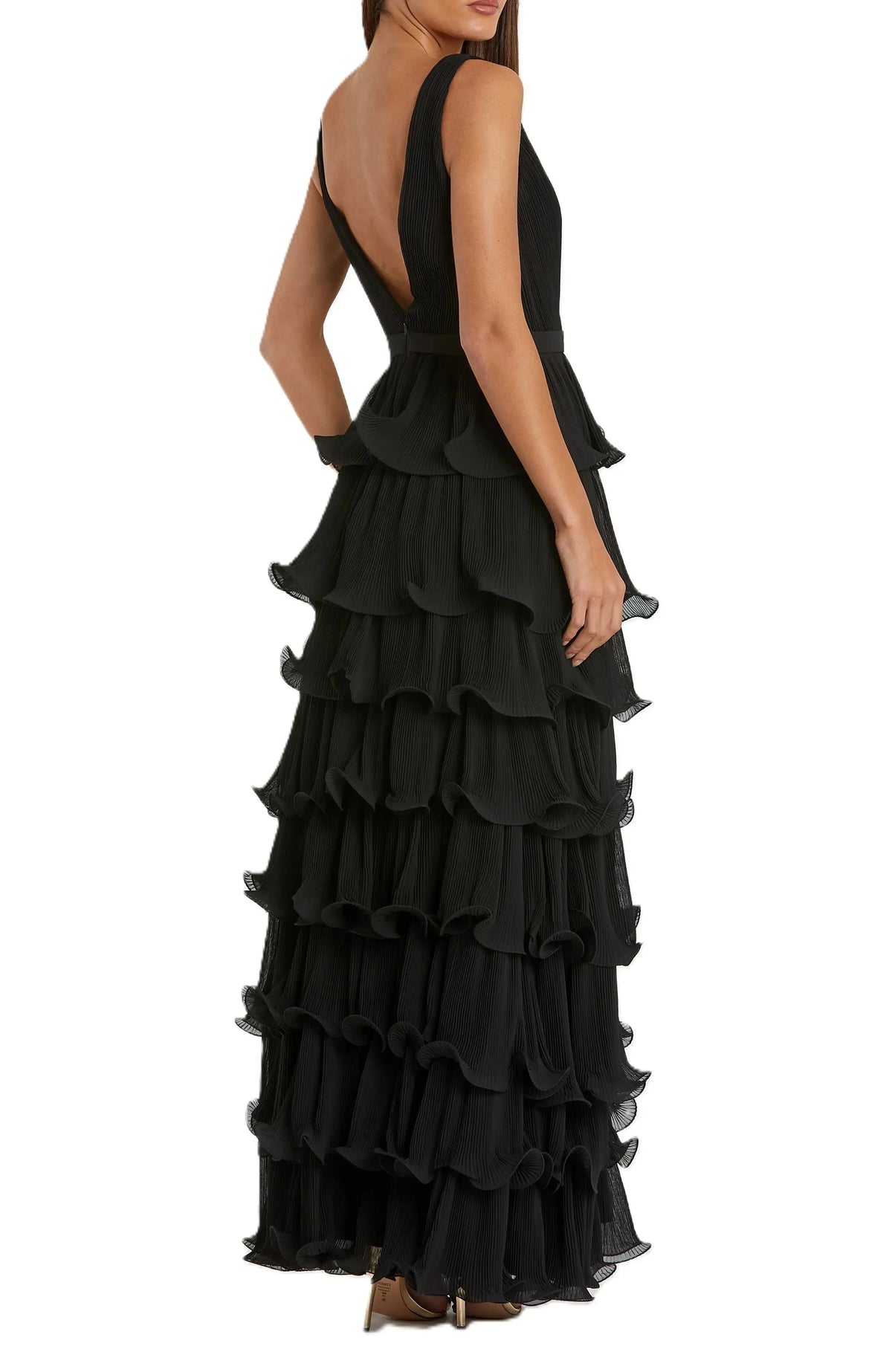 Pleated Tiered Deep V Neck Sleeveless Plunging Back Floor Length For Adults Evening Dress by YiHuiw