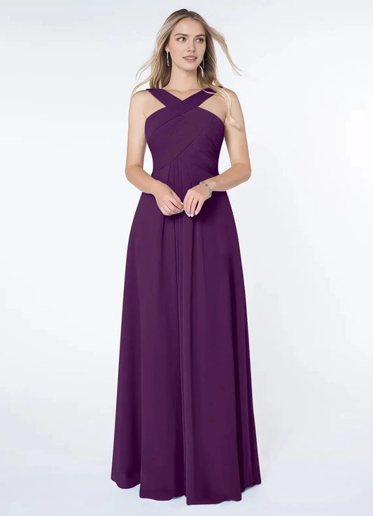Plum Purple Crisscross Neck Evening Gown A-Line Pleated Chiffon Dress Bridesmaid Dresses by YiHuiw