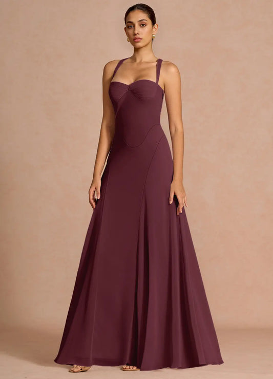 Plum A-Line Sweetheart Chiffon Lace-Up Back Floor-Length Wedding Dress - Yihuiw by Yihuiw