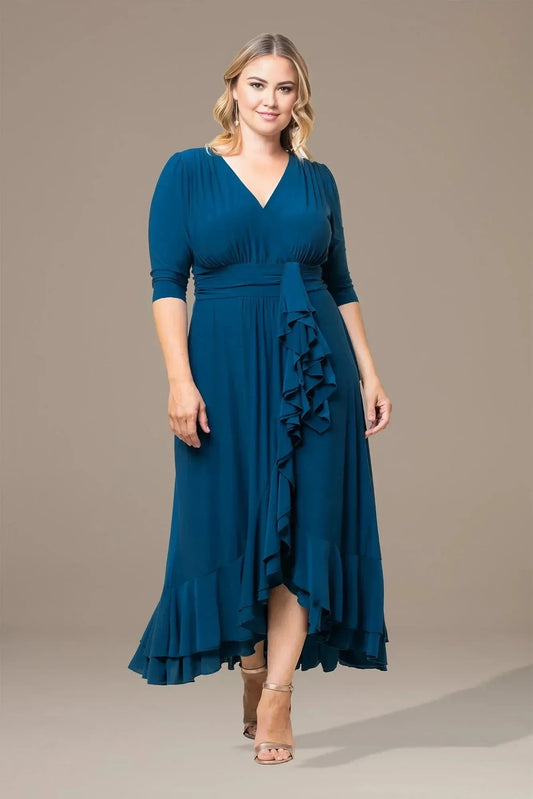 Plus Size Charming A Line V Neck Three Quarter Sleeve Plain Back High Low Mother of the Bride Dress by YiHuiw