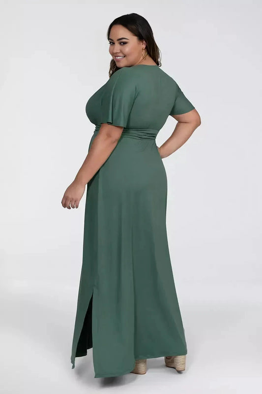 Plus Size Composed A Line V Neck Short Sleeve Plain Back Floor Length Mother of the Bride Dress by YiHuiw
