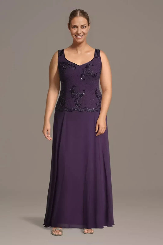 Plus Size Dazzling A Line Scoop Neck Cape Sleeve Beaded Back Floor Length Mother of the Bride Dress by YiHuiw