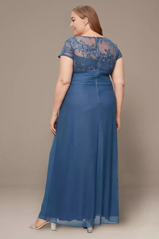Plus Size Delightful A Line V Neck Short Sleeve Lace Back Floor Length Mother of the Bride Dress by YiHuiw