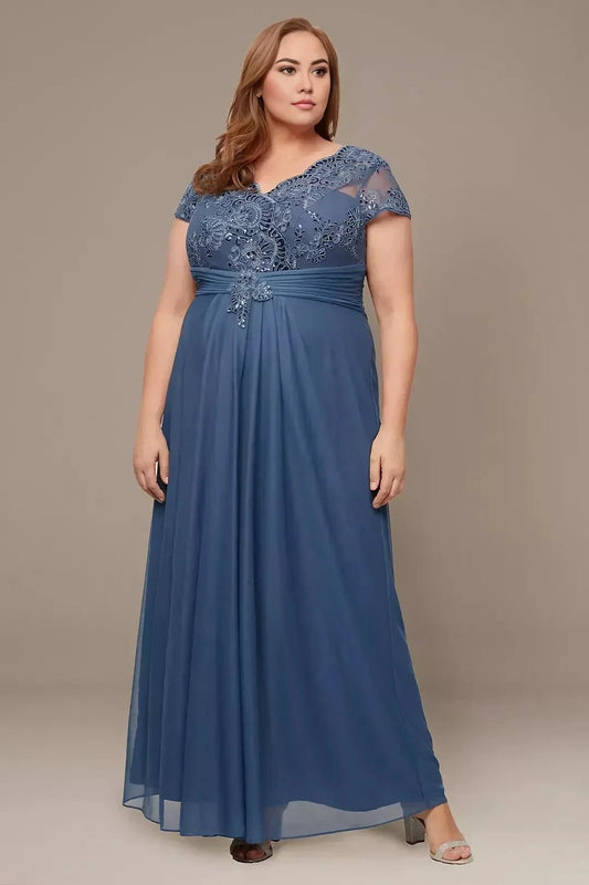 Plus Size Delightful A Line V Neck Short Sleeve Lace Back Floor Length Mother of the Bride Dress by YiHuiw