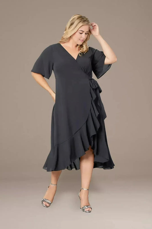 Plus Size Elegant Wrap V Neck Flutter Sleeve Plain Back Midi Length Mother of the Bride Dress by YiHuiw