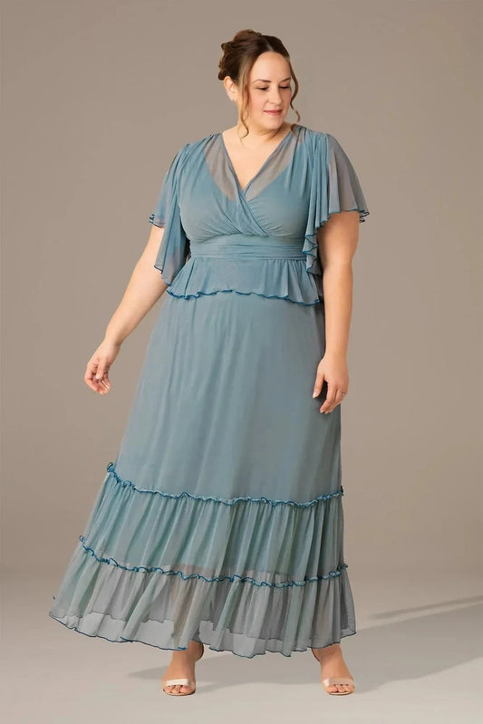 Plus Size Enchanting A Line V Neck Flutter Sleeve Plain Back Floor Length Mother of the Bride Dress by YiHuiw