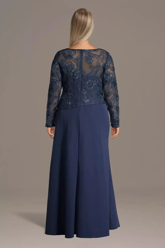 Plus Size Graceful A Line Boat Neck Long Sleeve Lace Back Floor Length Mother of the Bride Dress by YiHuiw