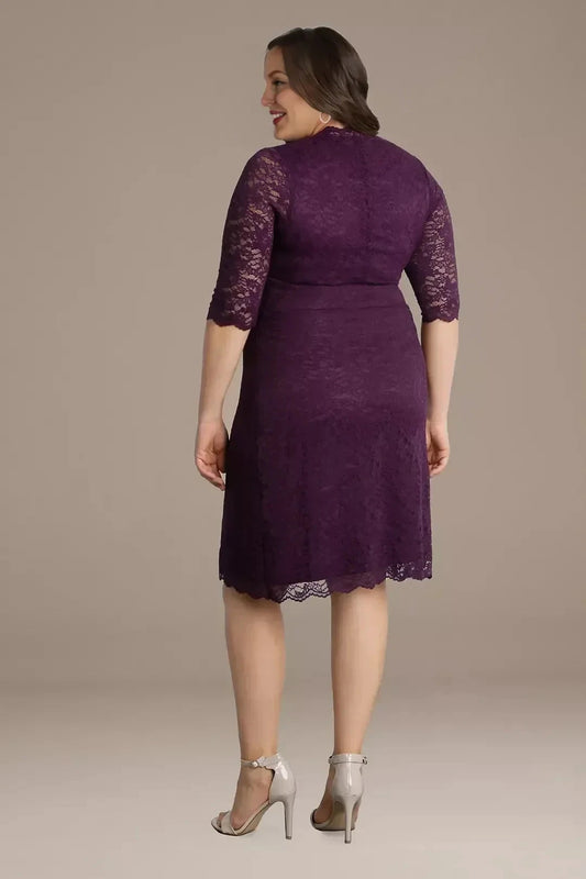 Plus Size Graceful Sheath V Neck Three Quarter Sleeve Lace Back Midi Length Mother of the Bride Dress by YiHuiw