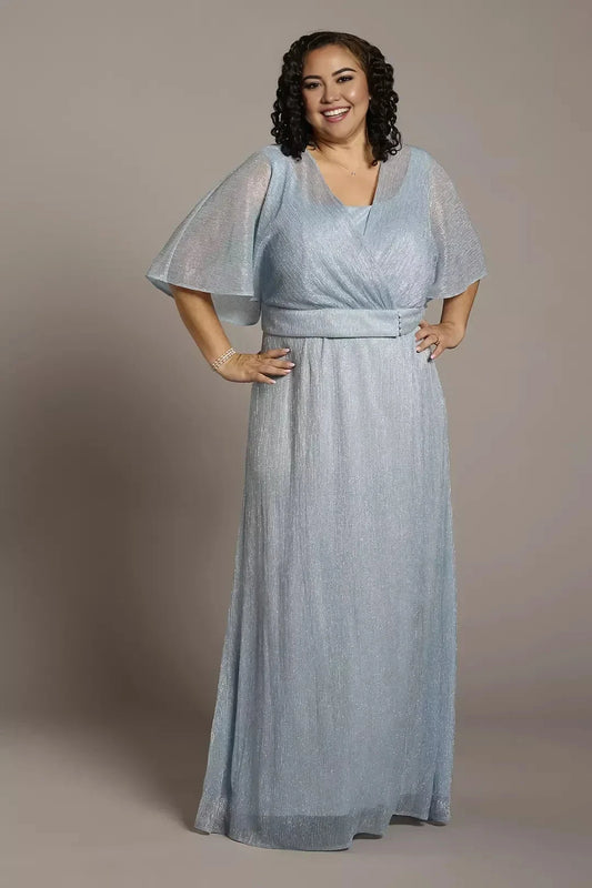 Plus Size Lovely A Line V Neck Flutter Sleeve Belted Back Floor Length Mother of the Bride Dress by YiHuiw