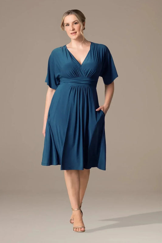 Plus Size Polished A Line V Neck Short Sleeve Plain Back Midi Length Mother of the Bride Dress by YiHuiw
