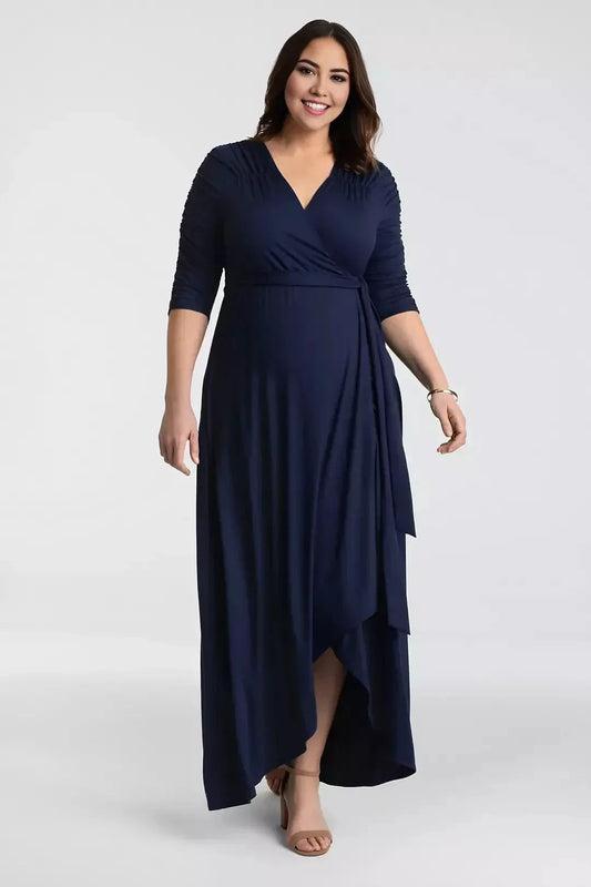 Plus Size Polished A Line V Neck Three Quarter Sleeve Plain Back High Low Mother of the Bride Dress by YiHuiw