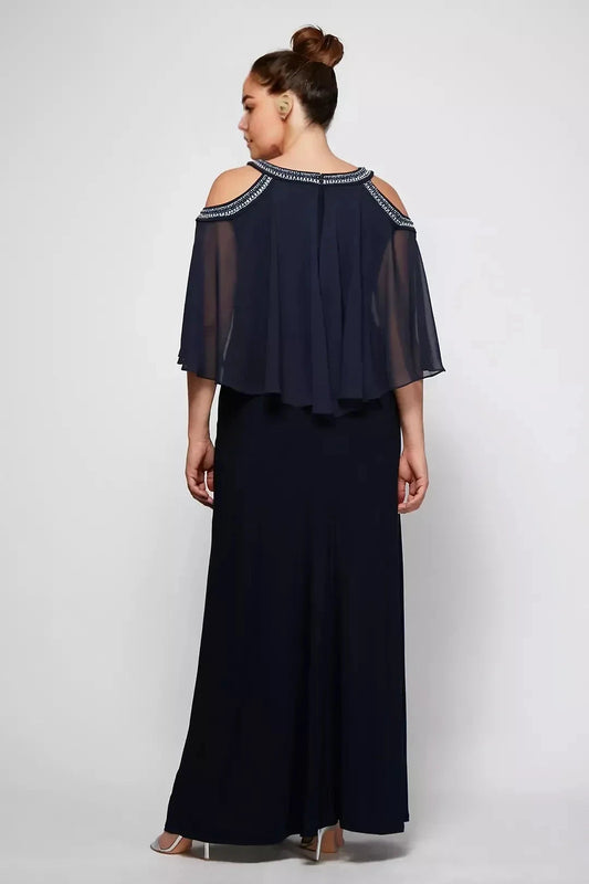 Plus Size Regal A Line Cold Shoulder Cape Sleeve Beaded Back Floor Length Mother of the Bride Dress by YiHuiw
