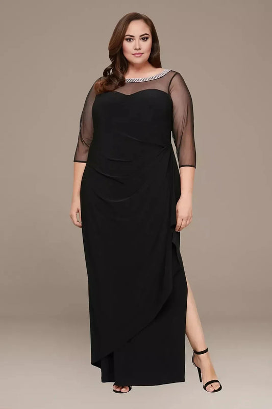Plus Size Regal Sheath Illusion Neck Three Quarter Sleeve Beaded Back Floor Length Mother of the Bride Dress by YiHuiw