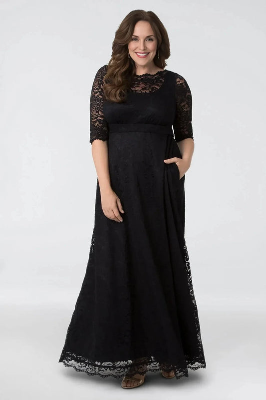 Plus Size Sophisticated A Line Crew Neck Three Quarter Sleeve Lace Back Floor Length Mother of the Bride Dress by YiHuiw