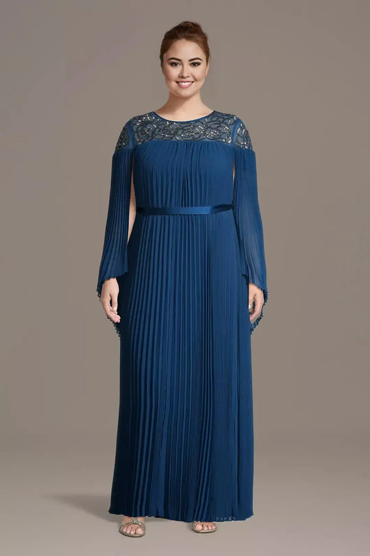 Plus Size Splendid A Line Round Neck Cape Sleeve Tied Back Floor Length Mother of the Bride Dress by YiHuiw