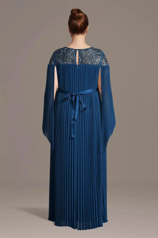 Plus Size Splendid A Line Round Neck Cape Sleeve Tied Back Floor Length Mother of the Bride Dress by YiHuiw