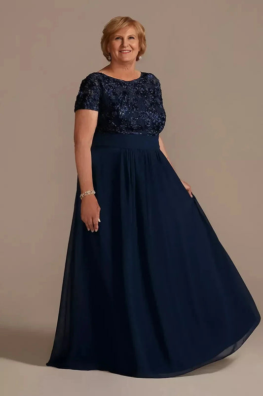 Plus Size Stunning A Line Round Neck Short Sleeve Lace Back Floor Length Mother of the Bride Dress by YiHuiw