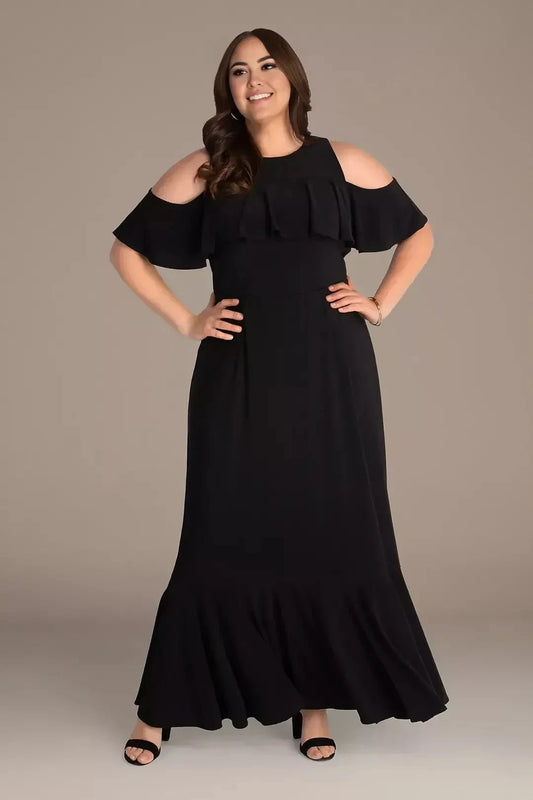 Plus Size Stylish A Line Cold Shoulder Ruffle Sleeve Plain Back Floor Length Mother of the Bride Dress by YiHuiw