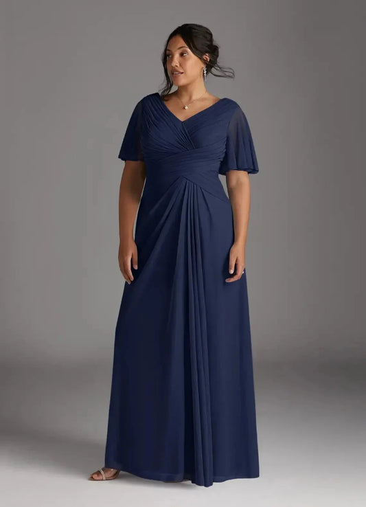 Polished Plus Size A Line V Neck Flutter Sleeve Pleated Back Floor Length Mother of the Bride Dress by YiHuiw