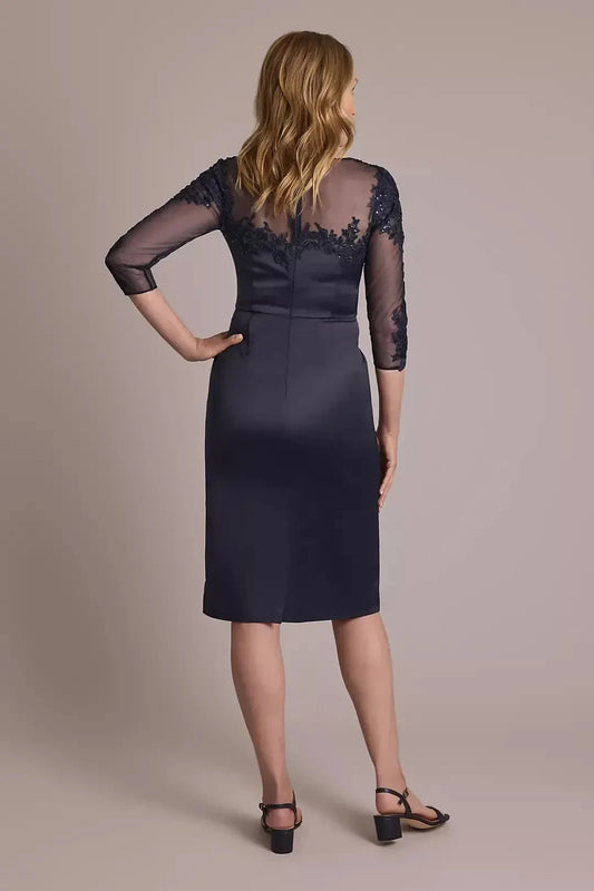 Polished Sheath Illusion Neck Three Quarter Sleeve Lace Back Midi Length Mother of the Bride Dress by YiHuiw