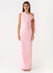 Polished One-Shoulder Neck Sleeveless Tie-Detail Satin Floor-Length Prom Dress