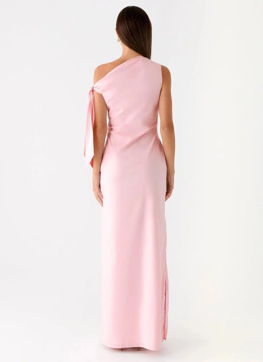 Polished One-Shoulder Neck Sleeveless Tie-Detail Satin Floor-Length Prom Dress by YiHuiw