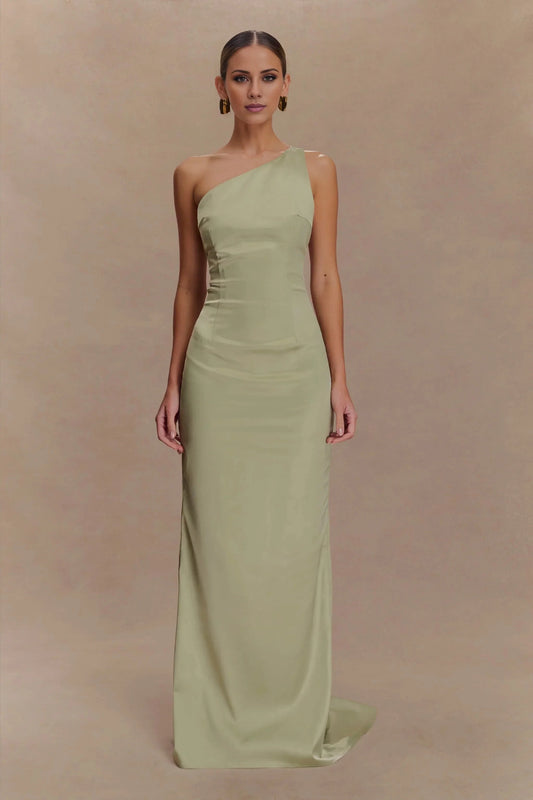 Polished Satin One-Shoulder Neck Cut-Out Train Back Zip Floor-Length Evening Dress by YiHuiw