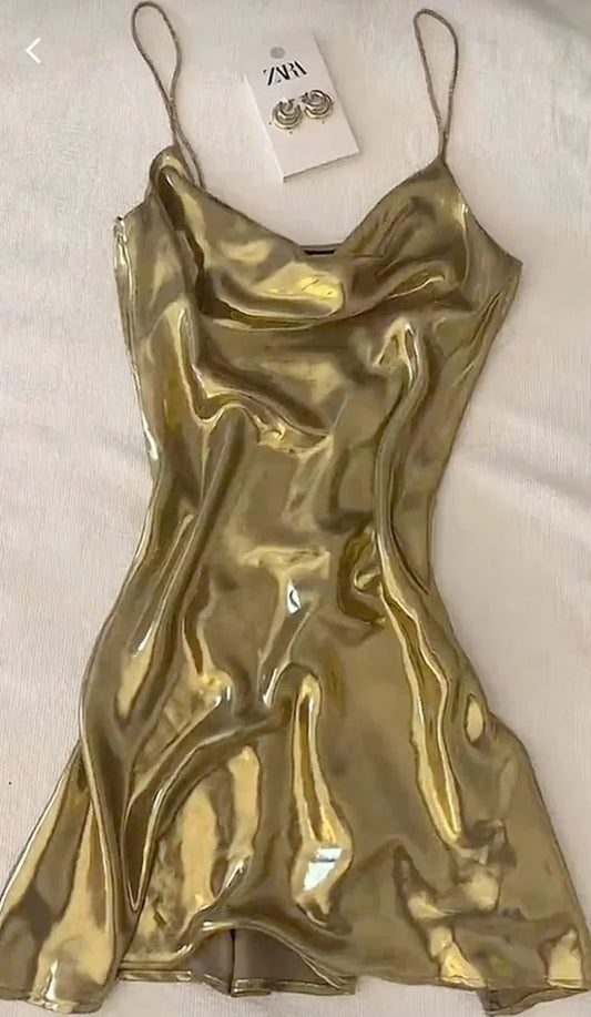 Pretty A line Spaghetti Straps Gold Satin Formal Homecoming Dresses 21st Birthday Outfits Graduation Dress Short Mini Cocktail Dresses by YiHuiw