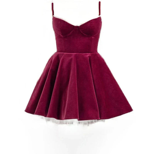 Pretty A line Spaghetti Straps Velvet Formal Homecoming Dresses Short 16th Birthday Outfits Graduation Dress Mini Cocktail Dresses by YiHuiw
