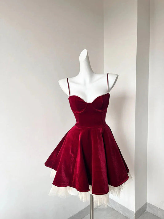Pretty A line Spaghetti Straps Velvet Formal Homecoming Dresses Short 16th Birthday Outfits Graduation Dress Mini Cocktail Dresses by YiHuiw