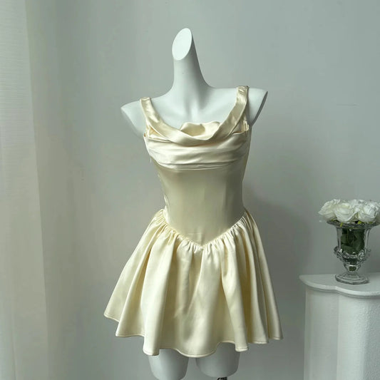Pretty A line Square Neck Champagne Satin Formal Homecoming Dresses Short 16th Birthday Outfits Graduation Dress Mini Cocktail Dresses by YiHuiw